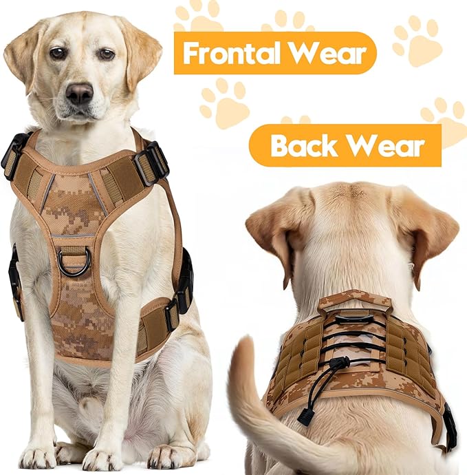 Heavy-Duty Tactical Dog Harness for Large Dogs, No Pull Adjustable Reflective Pet Vest with Molle System, K9 Military-Grade Control for Service Training, Outdoor &amp; 10+ Breeds, Khaki Camo, Large