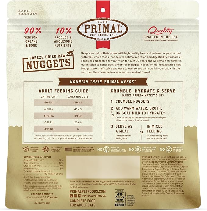 Primal Freeze Dried Raw Cat Food Nuggets Venison, Complete &amp; Balanced Meal or Topper, Premium, Healthy, Grain Free, High Protein Raw Cat Food with Probiotics (14 oz)