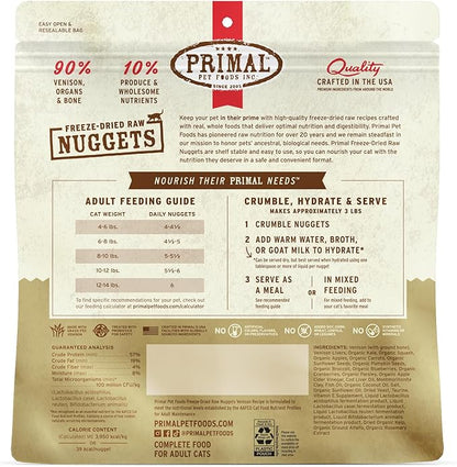 Primal Freeze Dried Raw Cat Food Nuggets Venison, Complete &amp; Balanced Meal or Topper, Premium, Healthy, Grain Free, High Protein Raw Cat Food with Probiotics (14 oz)