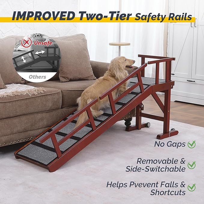 Dog Ramp for Bed or Couch, Wooden Pet Ramp with 20° Gentle Slope, Removable Side Rails, Non-Slip Surface, Top Platform &amp; Wheels, Safe Bed Ramp for Small, Medium &amp; Senior Dogs, 60" Long, Mahogany