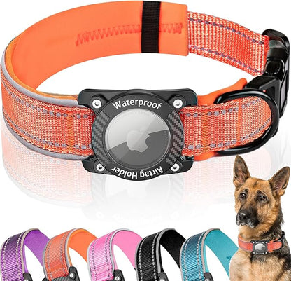Upgraded AirTag Dog Collar, IP68 Waterproof Dog Collar with Apple Air Tag Holder, Reflective Adjustable Heavy Duty Dog Collars with Soft Padded for Small, Medium and Large Dogs,Orange, S