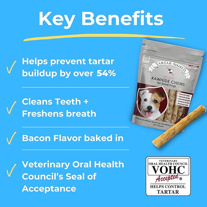 Tartar Shield Soft Rawhide Chews | Safe Dental Treats for Small Dogs | Vet VOHC Approved | Daily Bone Cleans Teeth &amp; Gums Fresh Breath Oral Health Support | USA Made | (Small Dogs / 12 Count)