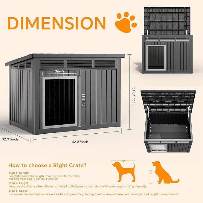 DRATO Dog House for Both Indoor and Outdoor with Weatherproof Roof Removable Floors for Medium to Large Dogs Interior Space (Black, Large (42.87 * 32.95 * 31.61&