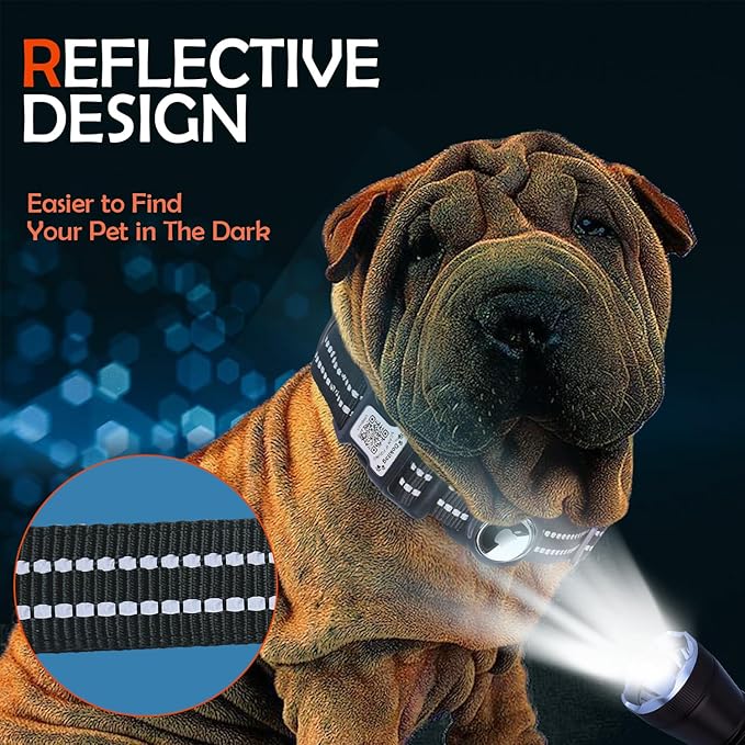 Reflective Dog Collar with Apple AirTag Holder &amp; QR Code Pet ID Tag,Soft Nylon Adjustable Dog Tracker Collar with Safety Lock for Large Dogs(Black, L)