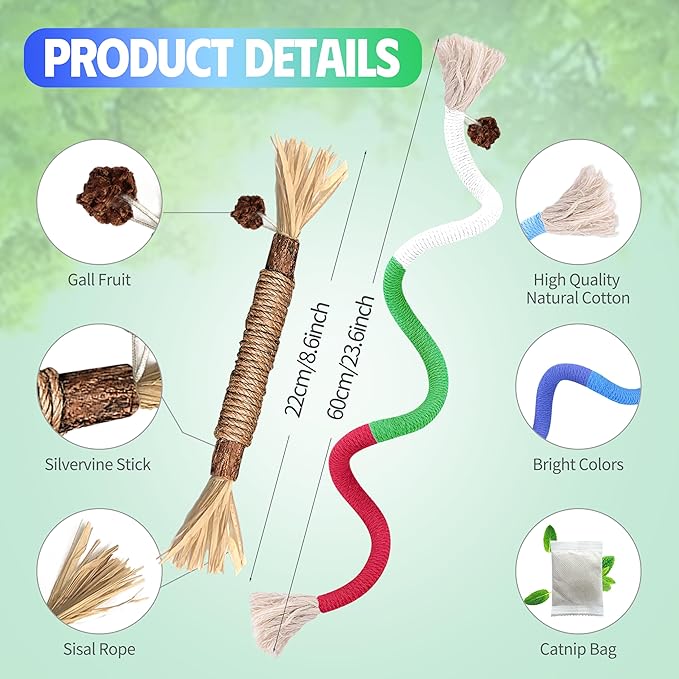 Cat Toys Chew Rope &amp; Silvervine Sticks for Bored Indoor Adult Cats, 2Pcs Interactive Catnip Toys for Cats with Refillable Natural Catnip Bag for Teeth Cleaning