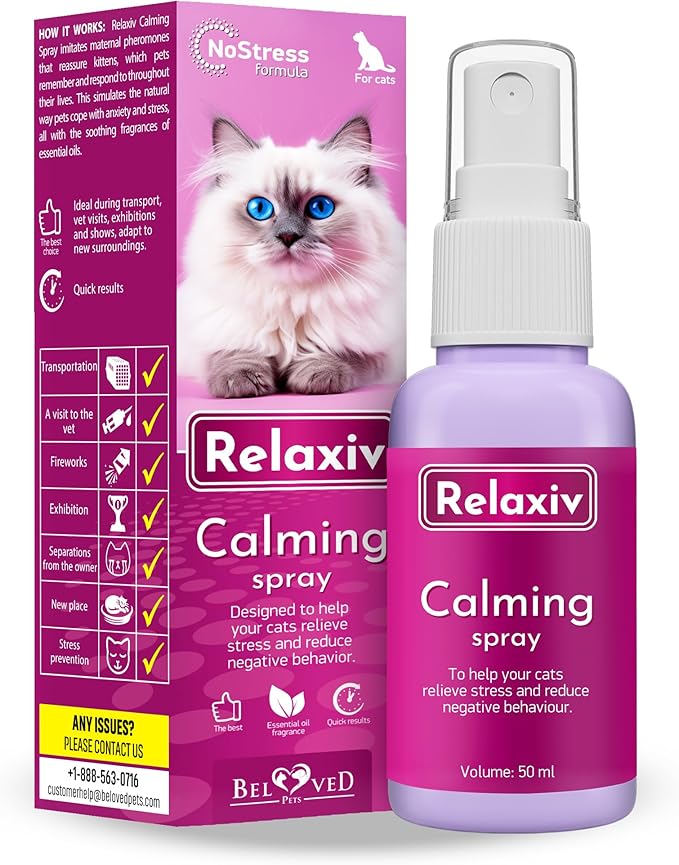 Beloved Pets Calming Pheromone Spray &amp; Scratch Repellent for Cats - Reduces Scratching Furniture, Pee - During Travel, Fireworks, Thunder, Vet Zone - Helps with Stress, Fighting, Hiding (50 ml)