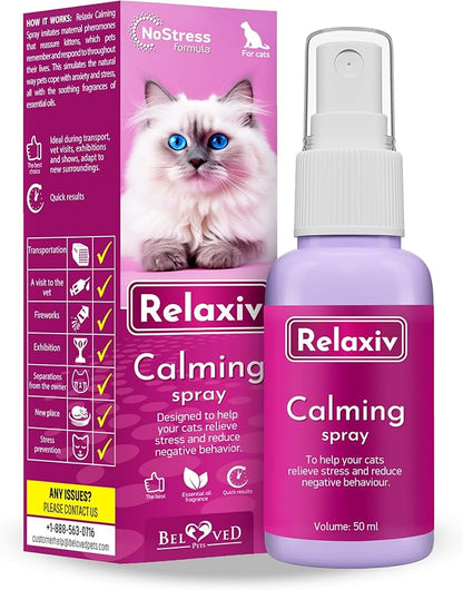 Beloved Pets Calming Pheromone Spray &amp; Scratch Repellent for Cats - Reduces Scratching Furniture, Pee - During Travel, Fireworks, Thunder, Vet Zone - Helps with Stress, Fighting, Hiding (50 ml)