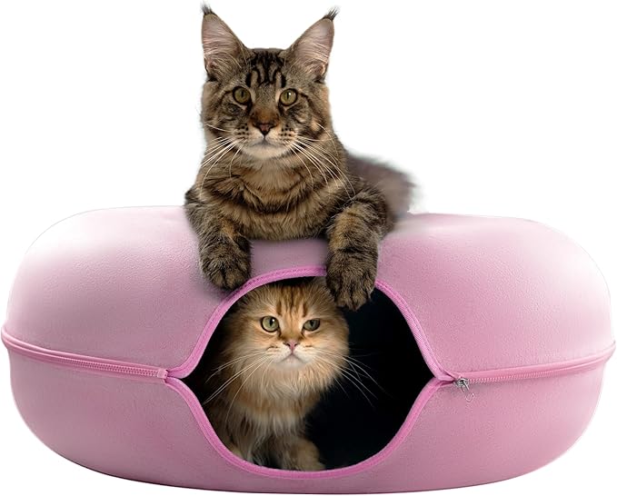 Cattasaurus Peekaboo Cat Cave for Multiple &amp; Large Cats Up to 30-45 Lbs, Scratch Detachable &amp; Washable Tunnel Bed, Comfy Donut Cat Cave (Pink, Jumbo)