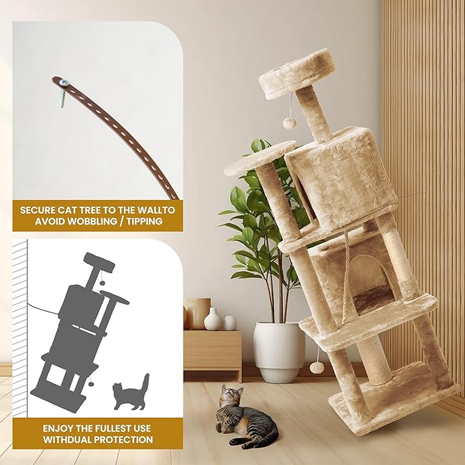 59in Large Cat Tree Tower for Indoor Cats with Soft Plush Hang Ball, Two Condos, Sisal Scratch Posts &amp; Rope Play for Kittens/Adult Cats, New Beige