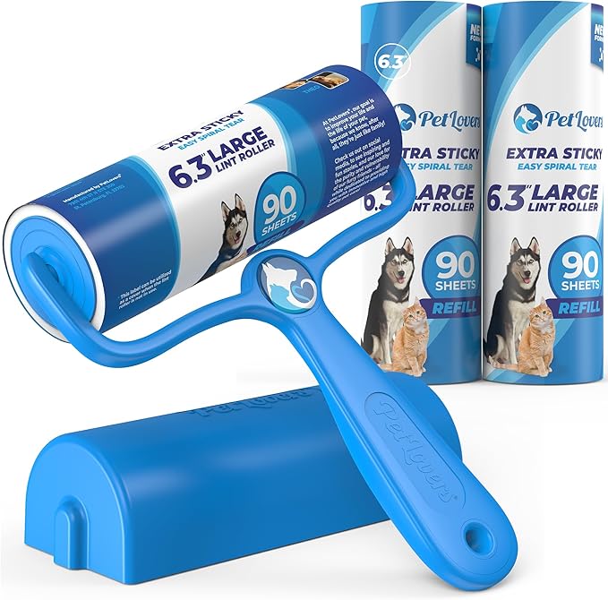 PetLovers 6.3" Large Lint Roller for Pet Hair Extra Sticky 270 Sheets, Ideal for Pet Hair Removal from Furniture &amp; Clothes, Dog and Cat Lint Remover 3 Pack