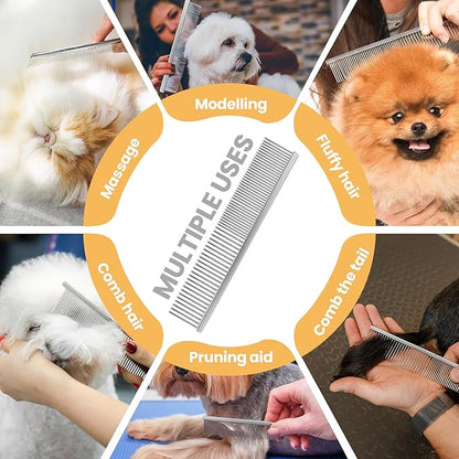 7.5 Inch Professional Stainless Steel Pet Grooming Comb for Dogs &amp; Cats, Wide &amp; Dense Teeth for Removing Tangles, Knots,Undercoat,Flea,Excess Hair, Rounded Corners Design for Safe,Metal Dematting Tool