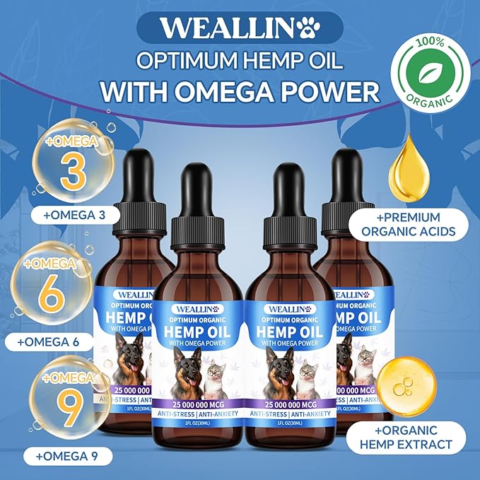 Hemp Oil for Dogs and Cats - Omega-3, 6, 9 Rich Organic Extract - Eases Pet Anxiety, Pain, Skin &amp; Coat Health - Stress Relief, Hip &amp; Joint Support - Calming Treats (4 Pack)