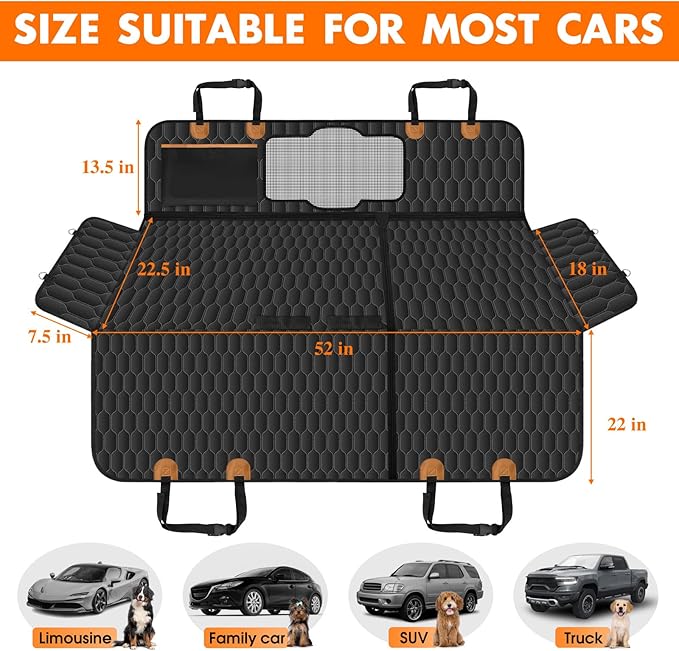 Dog Back Seat Cover, Waterproof Scratch Proof Nonslip Dog Hammock for Car, Car Seat Cover for Back Seat with Sanitary Pad Mesh &amp; Pocket for Cars SUVs and Trucks - S, Black/Orange