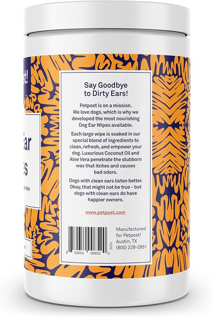 Petpost | Large Dog Ear Cleaner Wipes - Ultra Soft XL Cotton Pads in Coconut Oil Aloe Solution - Remedy for Dog Ear Rinse &amp; Cleanser 60 ct.