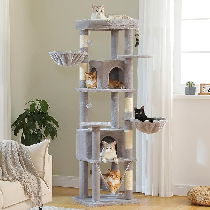71.2" Tall Cat Tree for Indoor Cats - 9-Level Multi-Cat Tower w/5 Sisal Scratching Posts, 2 Condos, 3 Hammocks, Perch &amp; Pom Poms - Heavy-Duty for Adult Cats, Space-Saving Plush Gray