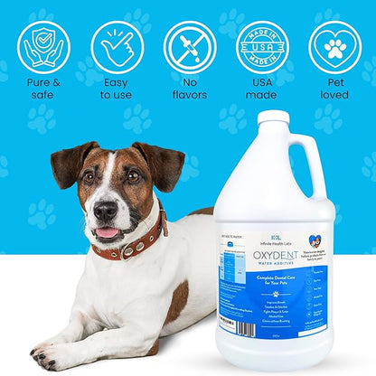 Oxydent Premium Pet Dental Care Solution - Pet Water Additive &amp; Mouthwash for Teeth Cleaning - Eliminate Bad Dog &amp; Cat Bad Breath - Dog Dental Rinse - Fights Tartar &amp; Plaque - 1 Gallon