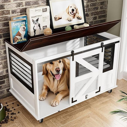 47 inch XL Dog Crate Furniture with Top-Access Teasing/Feeding Doors, Farmhouse Wooden Decorative Dog Crates with Wheels, Chew-Resistant Dog Crates End Table for Medium&amp;Large Dogs, White