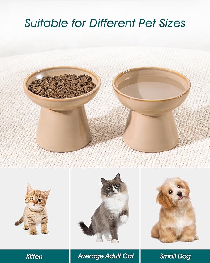 vancasso Ceramic Elevated Cat Bowls 2-Pack - 6.2" Extra Wide Raised Cat Food &amp; Water Dishes, 5.1" Optimal Height Anti-Whisker Fatigue Shallow Bowls for Cats/Kittens/Dogs, Lead &amp; Cadmium Free (Brown)