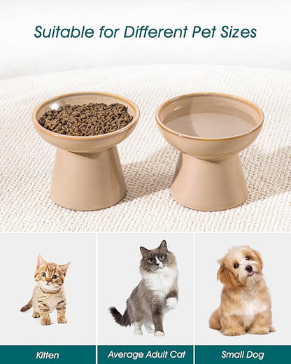 vancasso Ceramic Elevated Cat Bowls 2-Pack - 6.2" Extra Wide Raised Cat Food &amp; Water Dishes, 5.1" Optimal Height Anti-Whisker Fatigue Shallow Bowls for Cats/Kittens/Dogs, Lead &amp; Cadmium Free (Brown)