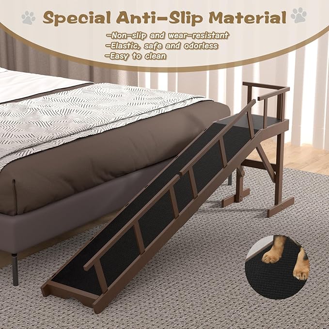 73" Dog Ramp for Bed, Pet Ramp with Removable Side Rail and Non-Slip Surface, Pet Ramp for Small &amp; Large &amp; Senior Dogs with Rest Platform and DIY Glow Strips,Dog Stairs for Couch, Brown