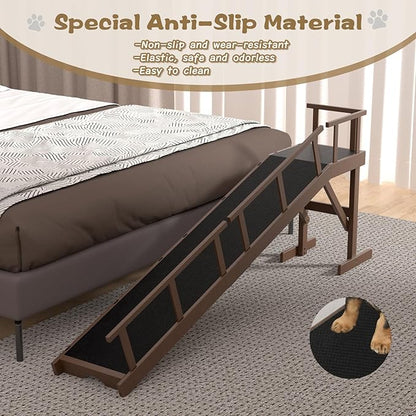 73" Dog Ramp for Bed, Pet Ramp with Removable Side Rail and Non-Slip Surface, Pet Ramp for Small &amp; Large &amp; Senior Dogs with Rest Platform and DIY Glow Strips,Dog Stairs for Couch, Brown