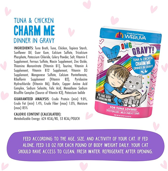 Weruva B.F.F. OMG - Best Feline Friend Oh My Gravy! Tuna &amp; Chicken Charm Me with Tuna &amp; Chicken in Gravy Cat Food, 3oz Pouch (Pack of 12)
