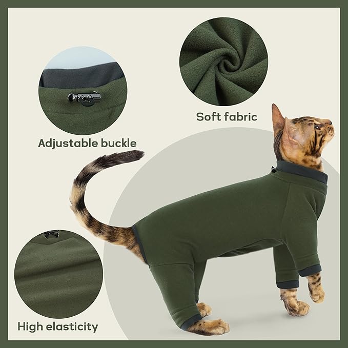 PUMYPOREITY Sticky Cat Clothes - Soft Cat Sweaters &amp; Pajamas for Recovery &amp; Hair Loss Prevention, Green, XS
