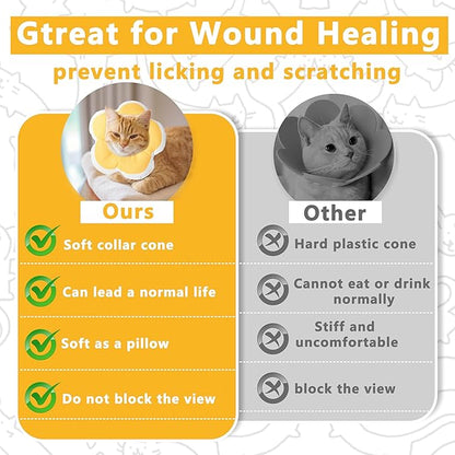 Cat Cone Collar Soft, Waterproof Cats Cones to Stop Licking After Surgery, Adjustable Soft Elizabeth Cats Collars for Wound Healing, Flower Shape Cat Recovery Collar (Yellow, Large)
