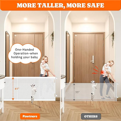 Pawtners Retractable Baby Gates Extra Wide, 41" Tall Extends up to 200" Wide, Dog Gate Indoor for Stairs, Pet Gate with Support Rods for Doorways Hallways Garage Indoor &amp; Outdoor-White