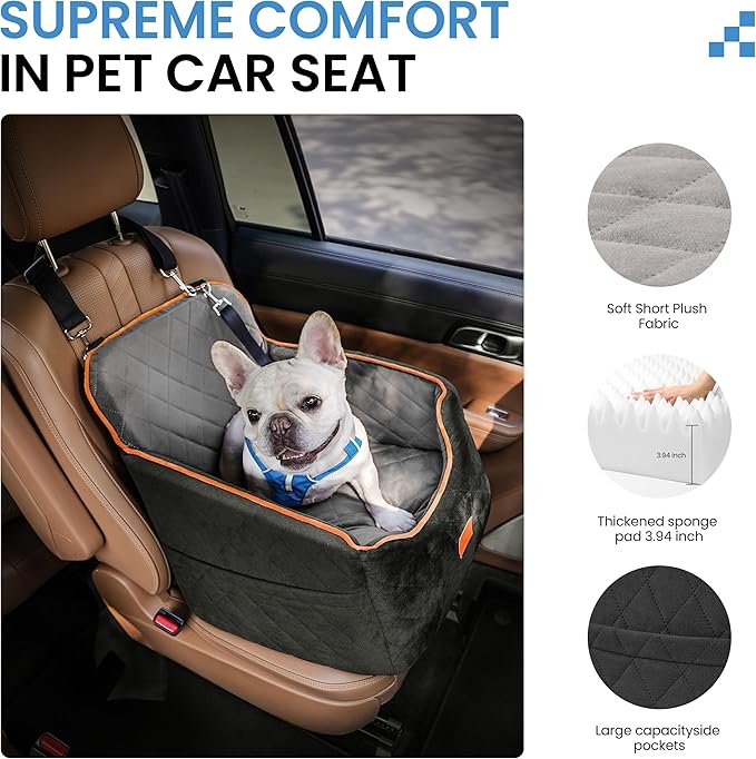Dog Car Seat for Small Dogs - Puppy Car Seat with Safety Strap &amp; Waterproof Padding, Portable Pet Carrier for Cars, Trucks &amp; SUVs, Comfortable Elevated Bed for Pets Up to 35lbs (Black/Grey)
