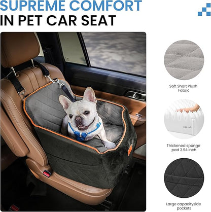 Dog Car Seat for Small Dogs - Puppy Car Seat with Safety Strap &amp; Waterproof Padding, Portable Pet Carrier for Cars, Trucks &amp; SUVs, Comfortable Elevated Bed for Pets Up to 35lbs (Black/Grey)