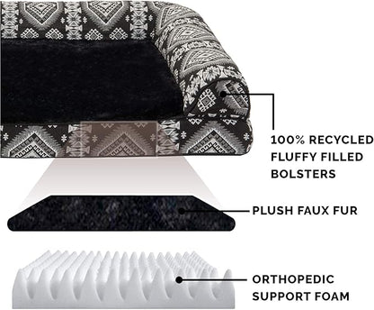 Furhaven Orthopedic Dog Bed for Large Dogs w/ Removable Bolsters &amp; Washable Cover, For Dogs Up to 95 lbs - Plush &amp; Southwest Kilim Woven Decor Sofa - Black Medallion, Jumbo/XL