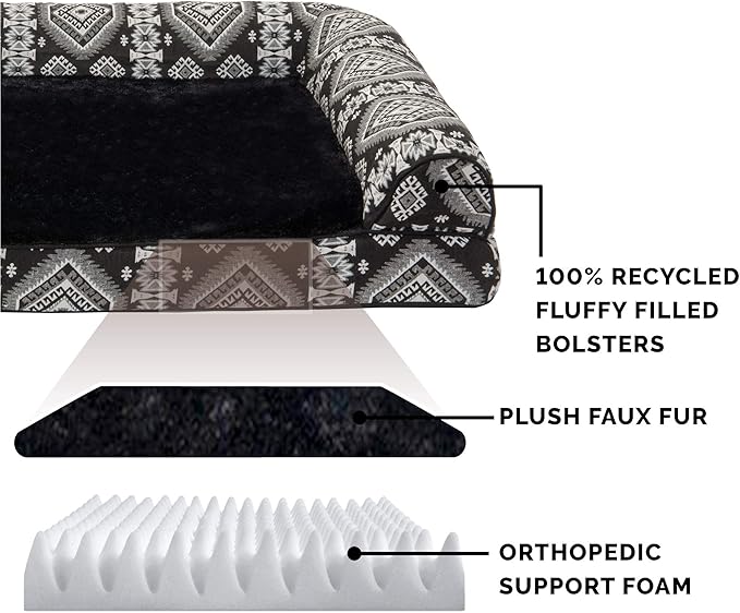 Furhaven Orthopedic Dog Bed for Large/Medium Dogs w/ Removable Bolsters &amp; Washable Cover, For Dogs Up to 55 lbs - Plush &amp; Southwest Kilim Woven Decor Sofa - Black Medallion, Large