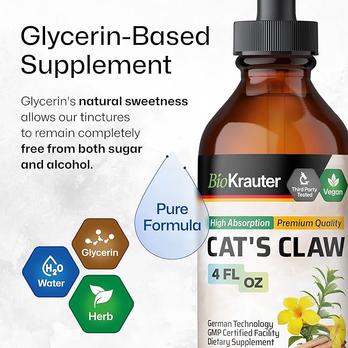 BIO KRAUTER Cats Claw Tincture - Liquid Cats Claw Herb for Immune Support - Alcohol &amp; Sugar Free - Vegan Drops 4 Fl.Oz.