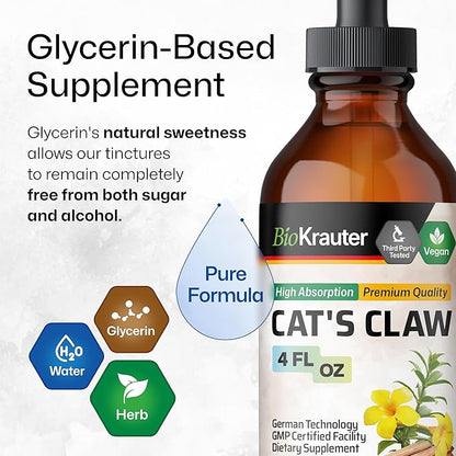 BIO KRAUTER Cats Claw Tincture - Liquid Cats Claw Herb for Immune Support - Alcohol &amp; Sugar Free - Vegan Drops 4 Fl.Oz.
