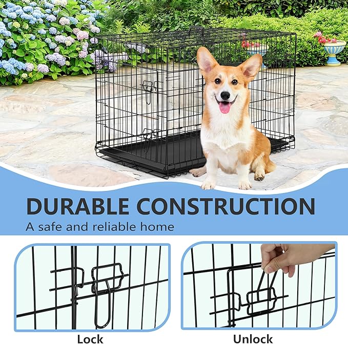 FDW 30 inch Dog Crate Dog Kennel Cage with Double Door Folding Metal Wire Dog Cage with Removable Tray&amp;Divider Panel,Pet Crate for Medium Dogs,Black