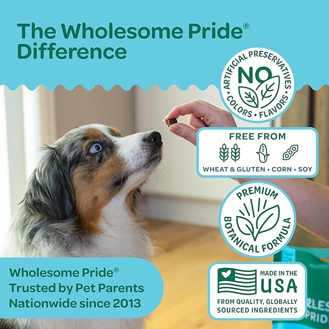 Wholesome Pride Calming Supplement for Dogs - 90 Soft Chews - Natural Anxiety Relief, Separation &amp; Noise Stress Support with Herbal Ingredients, No Melatonin, Non-Drowsy