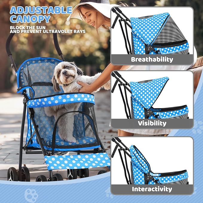 Magshion Compact Pet Stroller for Small-Medium Dogs/Cats up to 22lbs, 4-Wheel Lightweight Umbrella Shaped Portable Puppy Travel Jogger with Breathable Mesh &amp; Rear Storage, Sky Blue Polka Dots