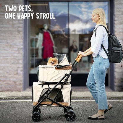 Double Pet Stroller with Detachable Carriers - Ideal for 2 Dogs or Cats - Compact &amp; Convenient Design - Easy Assembly Double Dog Stroller - Cosmic Beige