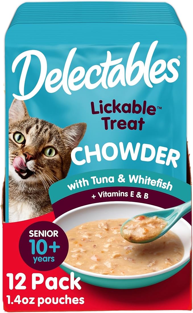Hartz Delectables Chowder Lickable Wet Cat Treats for Senior Cats, Tuna &amp; Whitefish, 1.4 Ounce (Pack of 12)(Packaging May Vary )