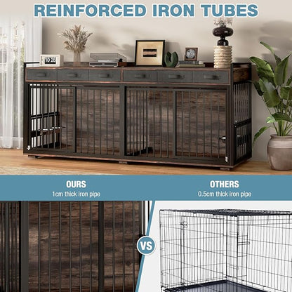 86.6Inch Large Double Dog Crate Furniture,Heavy Duty Metal Frame Dog Crate Kennel with Adjustable Feeder Bowls and Removable Divider&amp;Drawers,Chew-Resistant Dog Kennel for 2 Dogs Indoor