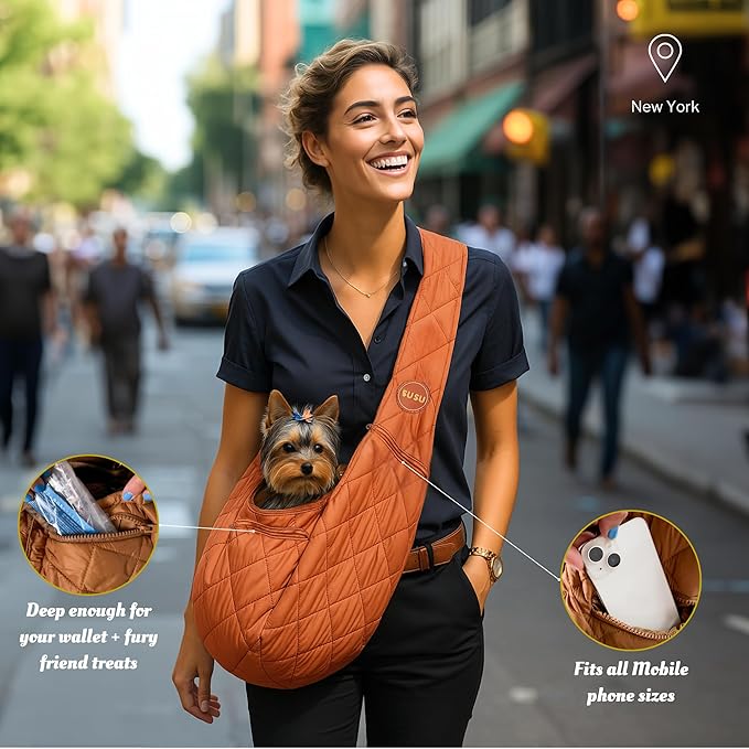 Small Dog Carrier Sling – Copper Brown Hands‑Free 2‑in‑1 Cross‑Body &amp; Handheld Pet Sling for Small Dogs up to 10 lbs, Parachute‑Grade Rip‑Stop Nylon, Padded Strap &amp; Safety Tether