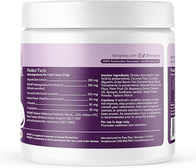 Fera Pets Dog Calming Chews with Ashwagandha &amp; Priome® Mental Wellbeing Postbiotic Blend - Supports Anxiety Relief - Promotes Relaxation - 90 Soft Chews