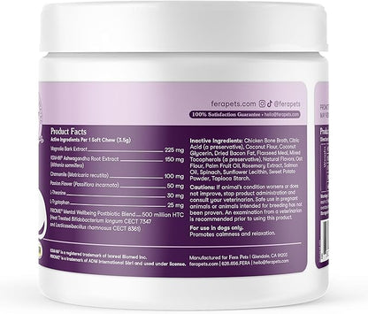 Fera Pets Dog Calming Chews with Ashwagandha &amp; Priome® Mental Wellbeing Postbiotic Blend - Supports Anxiety Relief - Promotes Relaxation - 90 Soft Chews