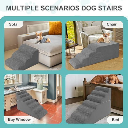 5-Step Dog Stairs for High Bed - 21.3" Adjustable Dog Ramps for Couch, Non-Slip Sturdy Pet Steps for Small Dogs, Washable Cover, Removable Modular Design, Dual 11” &amp; 12.83” Steps for Custom Height