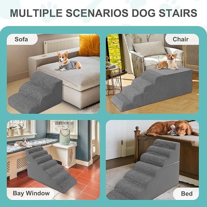7-Step Dog Stairs for High Bed - 29.5" Adjustable Dog Ramps for Couch, Non-Slip Sturdy Pet Steps for Small Dogs, Washable Cover, Removable Modular Design, Dual 11.8” &amp; 17.7” Steps for Custom Height