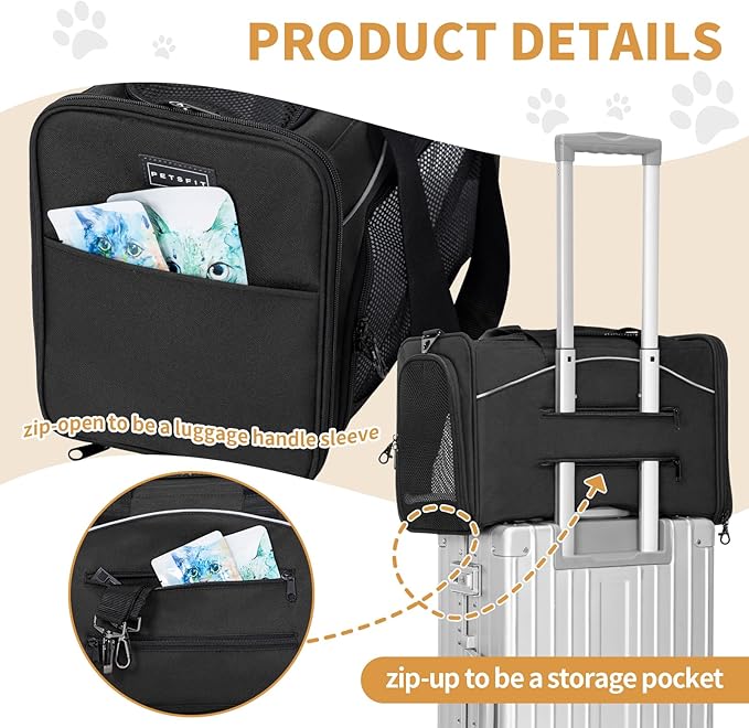 ‌Petsfit Airline Approved Pet Carrier for Small Dogs &amp; Cats, 19x9x12 TSA Approved Carrier, with Removable Dual-Sided Padding (2-Way Placement) - Fits Under Most Airplane Seats, Escape Proof (Black)