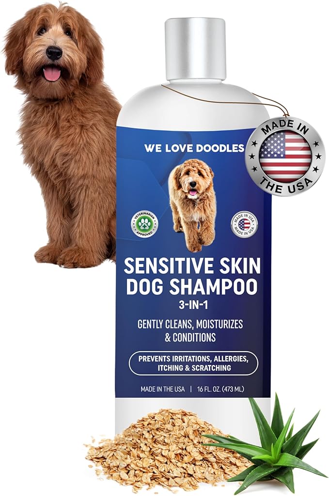 Premium 3-in-1 Sensitive Skin Dog Shampoo, Great for Allergies, Itching, Scratching, Anti-Itch Shampoo for Dogs with Oatmeal &amp; Aloe, Made in USA, Natural Ingredients, 16 oz [We Love Doodles]