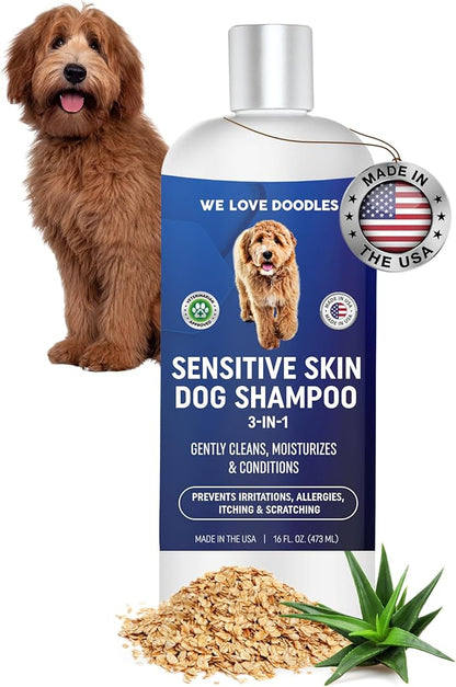 Premium 3-in-1 Sensitive Skin Dog Shampoo, Great for Allergies, Itching, Scratching, Anti-Itch Shampoo for Dogs with Oatmeal &amp; Aloe, Made in USA, Natural Ingredients, 16 oz [We Love Doodles]