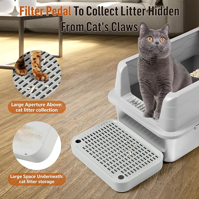 Cat Litter Box Ramp Mat with Filter Function, Cat Step Pedal Stool for Self-Cleaning Litter Box, Easy to Clean, Ideal for Kitten &amp; Elderly Cats (Light Grey)